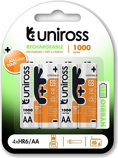 Uniross Rechargeable AA 1000 Hybrio Batteries 4 Pcs