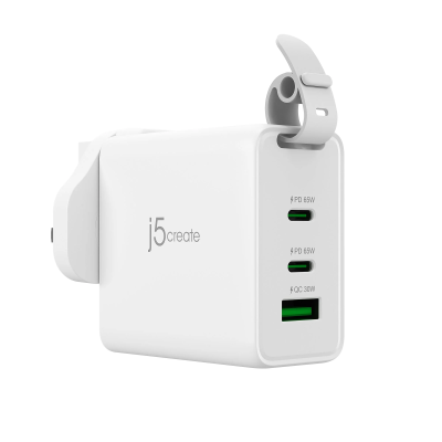 j5create Charger Wall Travel 65W GaN 2xUSB-C/1xUSB-A + USB-C Cable JUP3565CV