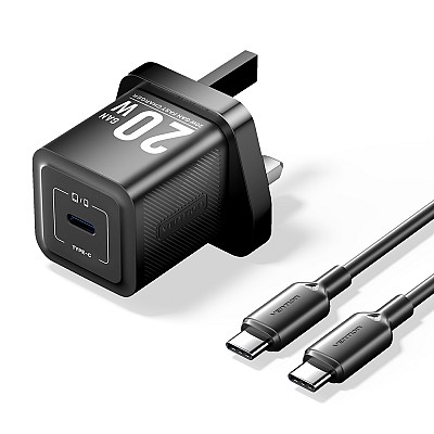 Vention Charger Wall GaN 20W 1xUSBC UK + USB-C 1m Cable Black FEPB0-UK-01