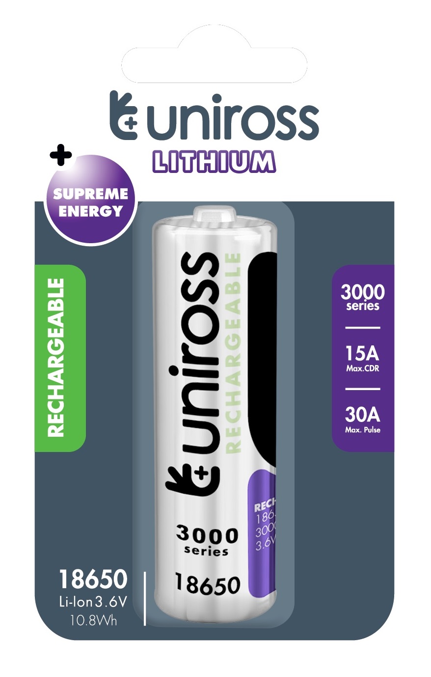 Uniross Rechargeable 18650BT Lithium Battery 3000mAh U1BT1830SP