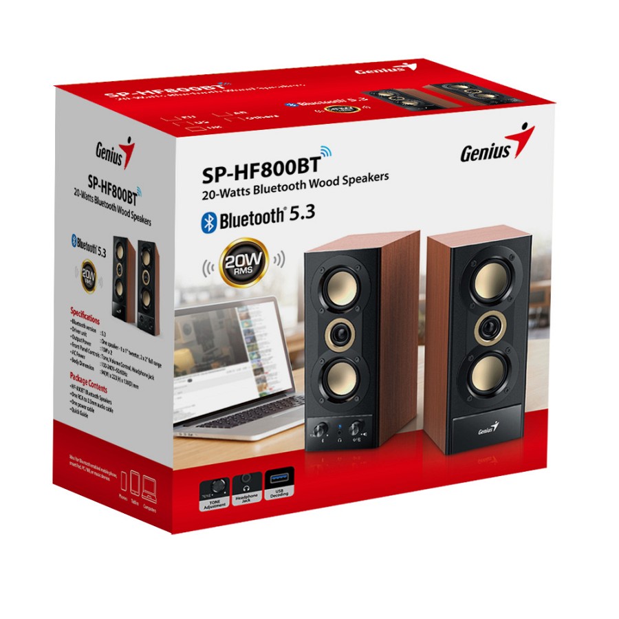 Genius SP-HF800BT 2.0 PC Speakers 20W RMS USB & BT Wood