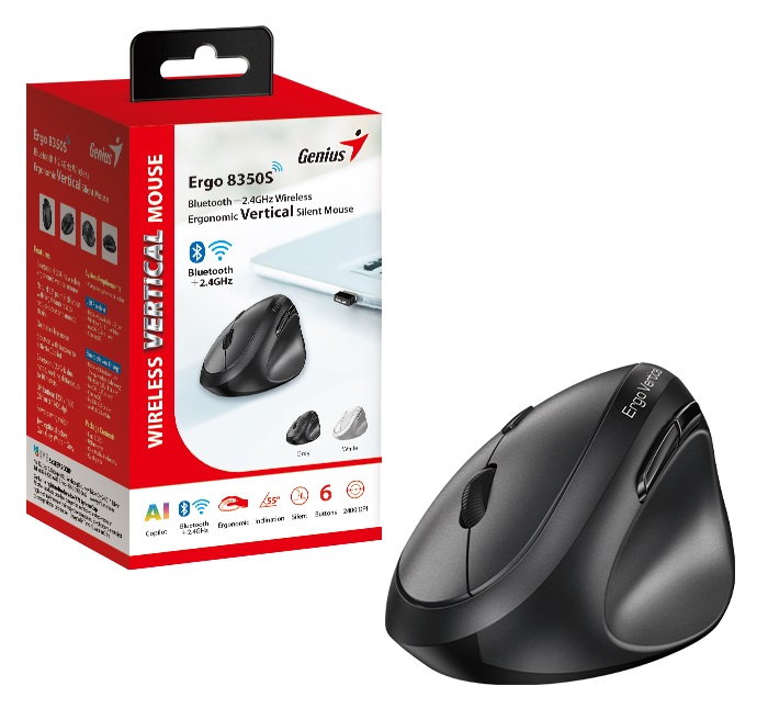Genius Mouse Ergonomic Wireless+BT Vertical Silent AI 8350S Dark Grey