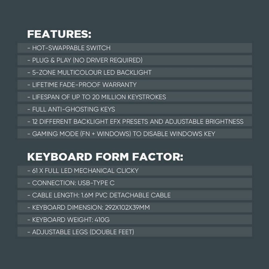 Armaggeddon MKA-1C NEX Black Mechanical Gaming Keyboard 61 Clicky (Blue) Keys