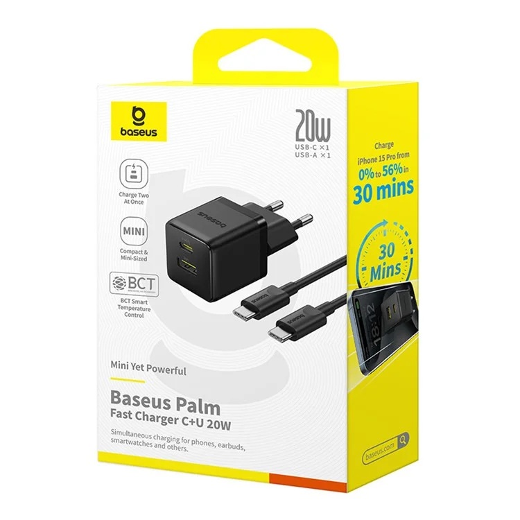 Baseus Charger Wall 20W USB-C/USB-A PALM Series EU Black