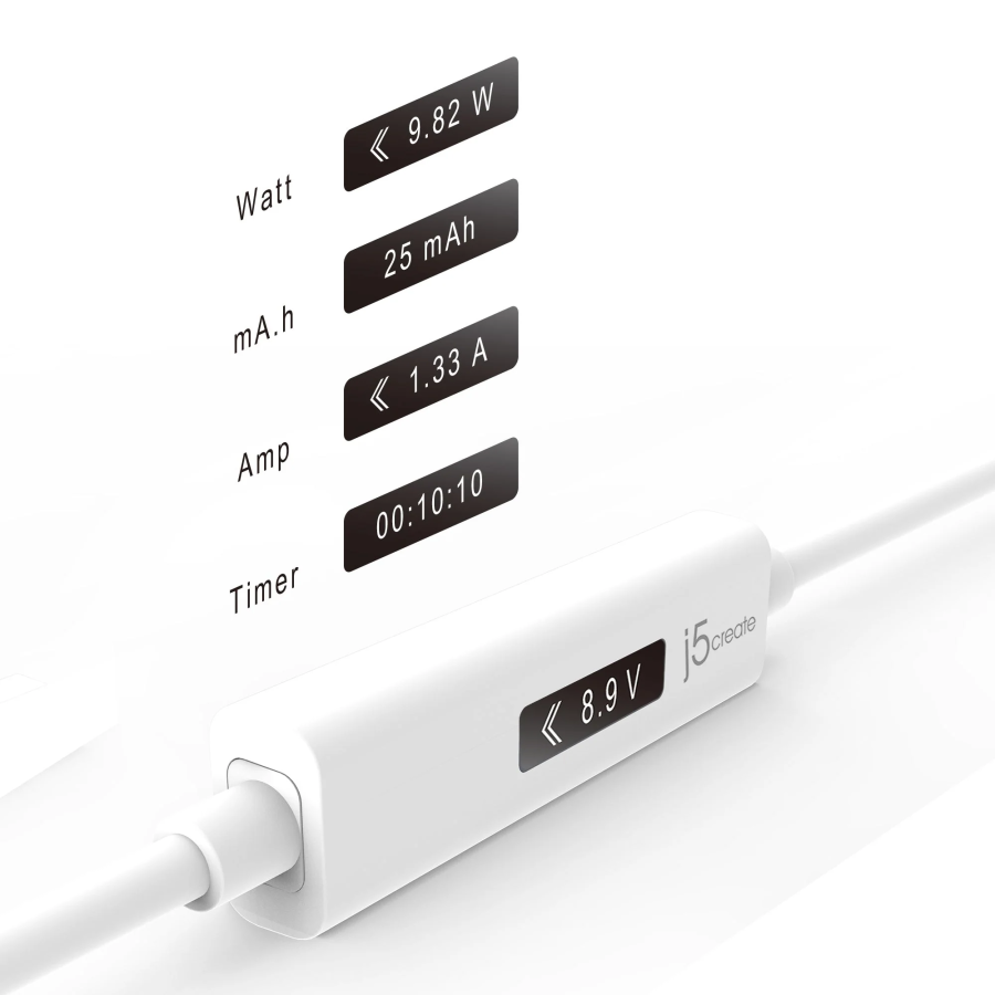 j5create Charging Cable USB-C to USB-C with OLED Dynamic Power Meter 100W JUCP14