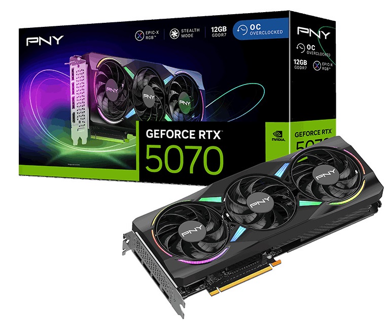 PNY GPU Graphics Video Card GeForce RTX 5070 ARGB 12GB GDDR7 Triple Fan Overclocked 3x DisplayPort, HDMI & DLSS 4 VCG507012TFXPB1-O