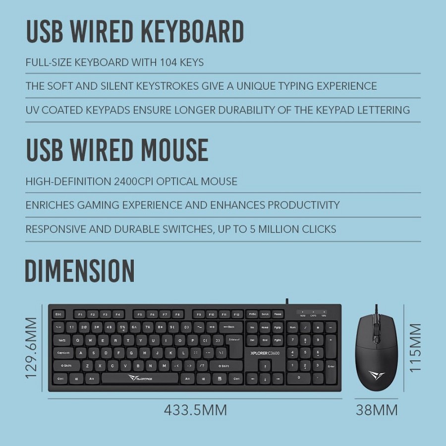 Alcatroz Keyboard & Mouse Wired Combo XPLORER C3600 Silent Black