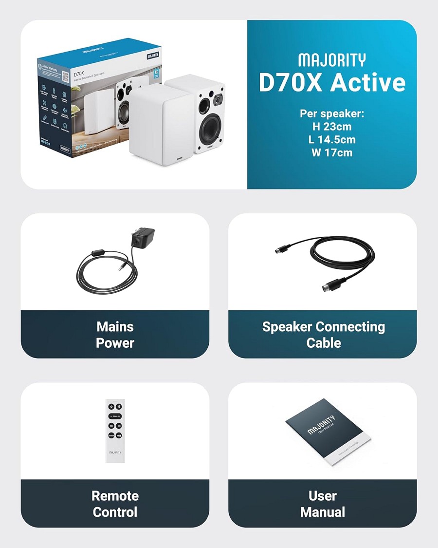 Majority Speakers Active D70X 70W 2.0 BT/USB/Phono/HDMI ARC White (pair)