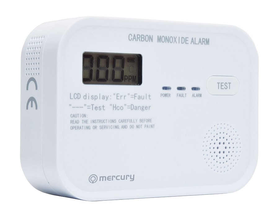 Mercury COD-218A Standalone Carbon Monoxide Alarm with LCD Display showing CO levels 350.139UK