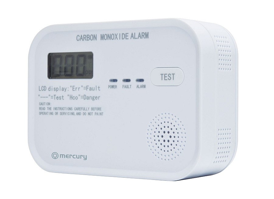 Mercury COD-218A Standalone Carbon Monoxide Alarm with LCD Display showing CO levels 350.139UK