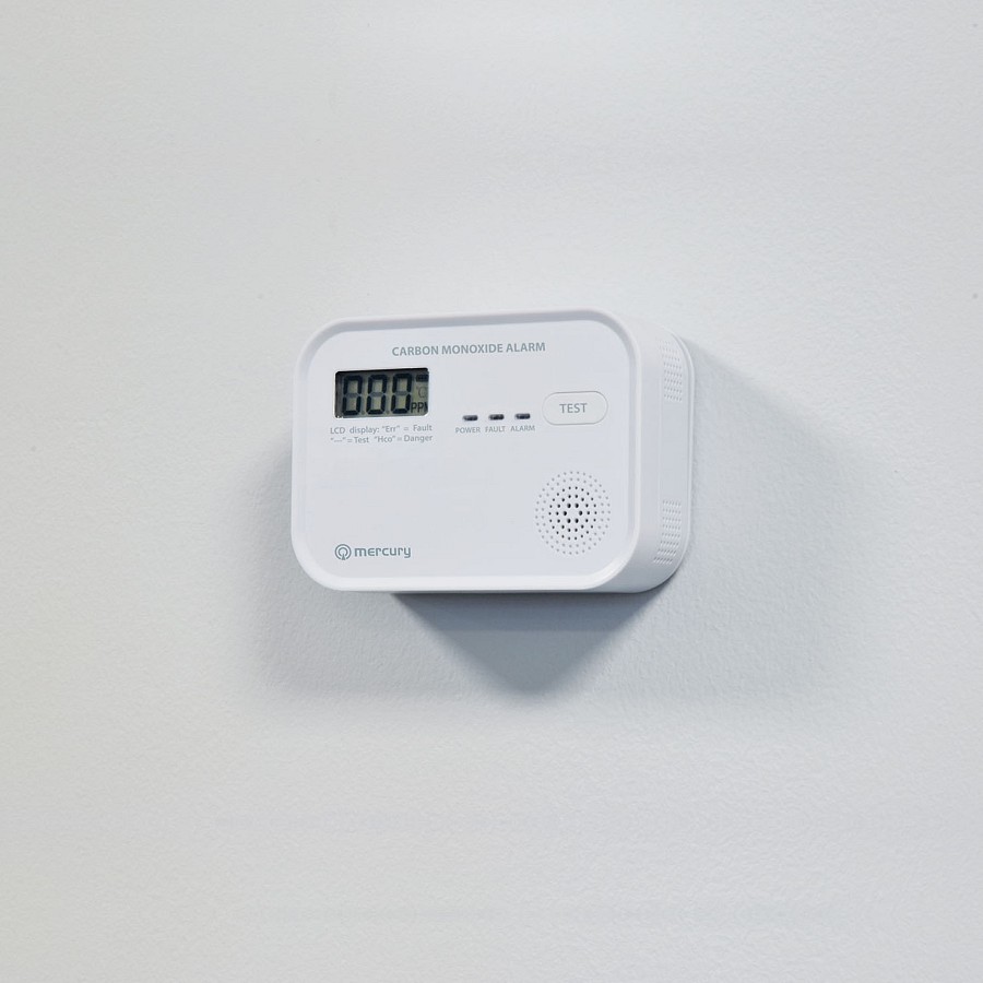 Mercury COD-218A Standalone Carbon Monoxide Alarm with LCD Display showing CO levels 350.139UK
