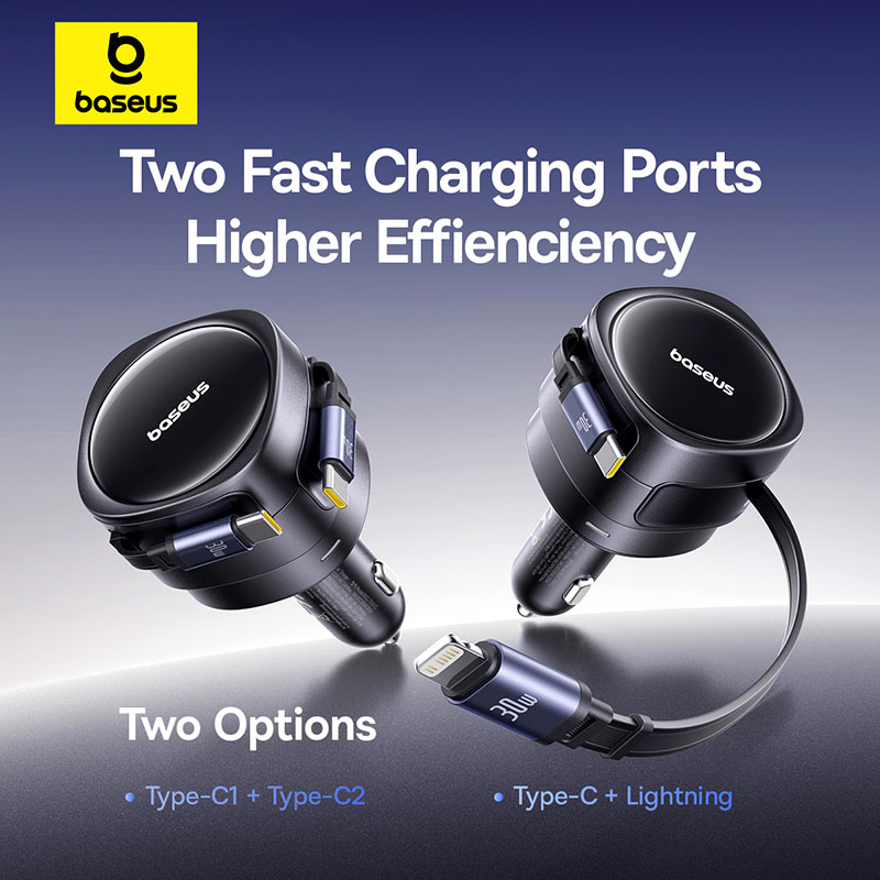 Baseus Car Charger 60W Enjoyment with Retractable Cables (C+C)  Black