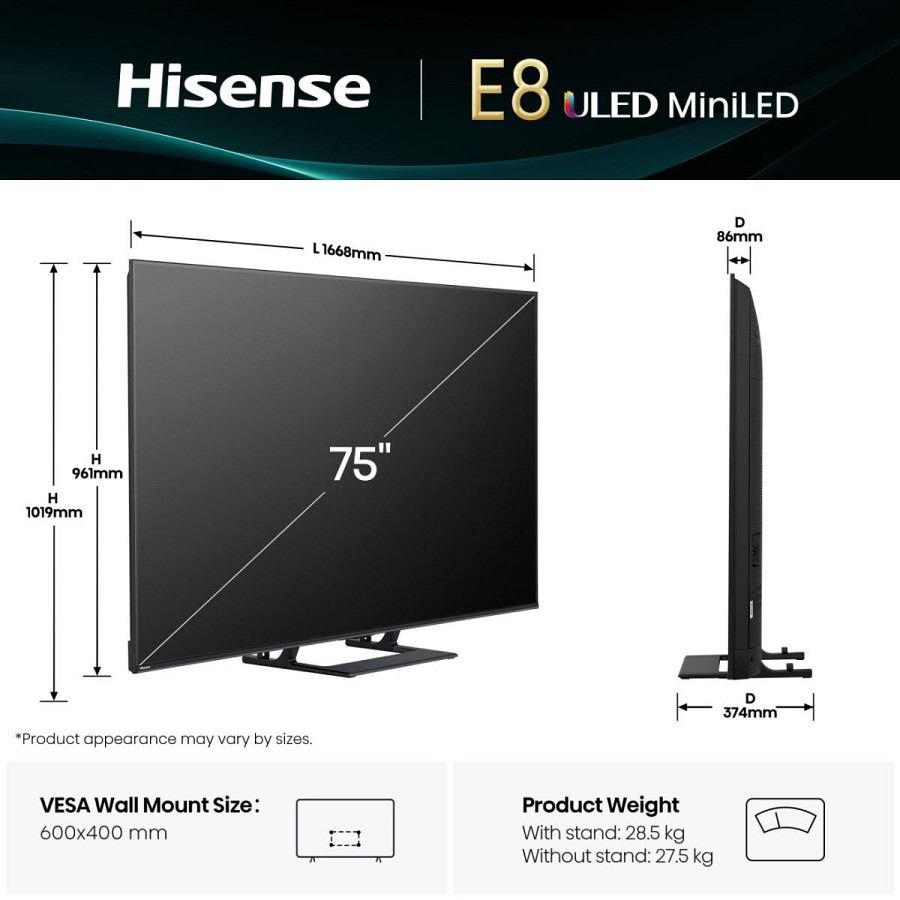Hisense 75E8Q 75 4K Smart QLED MINI LED 144hz TV