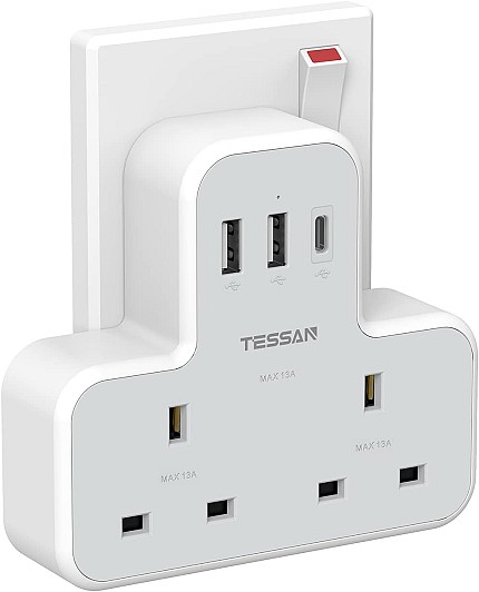 Tessan 2-Gang plug Through UK Charger 2 USB A USB C 13A TS-221-C